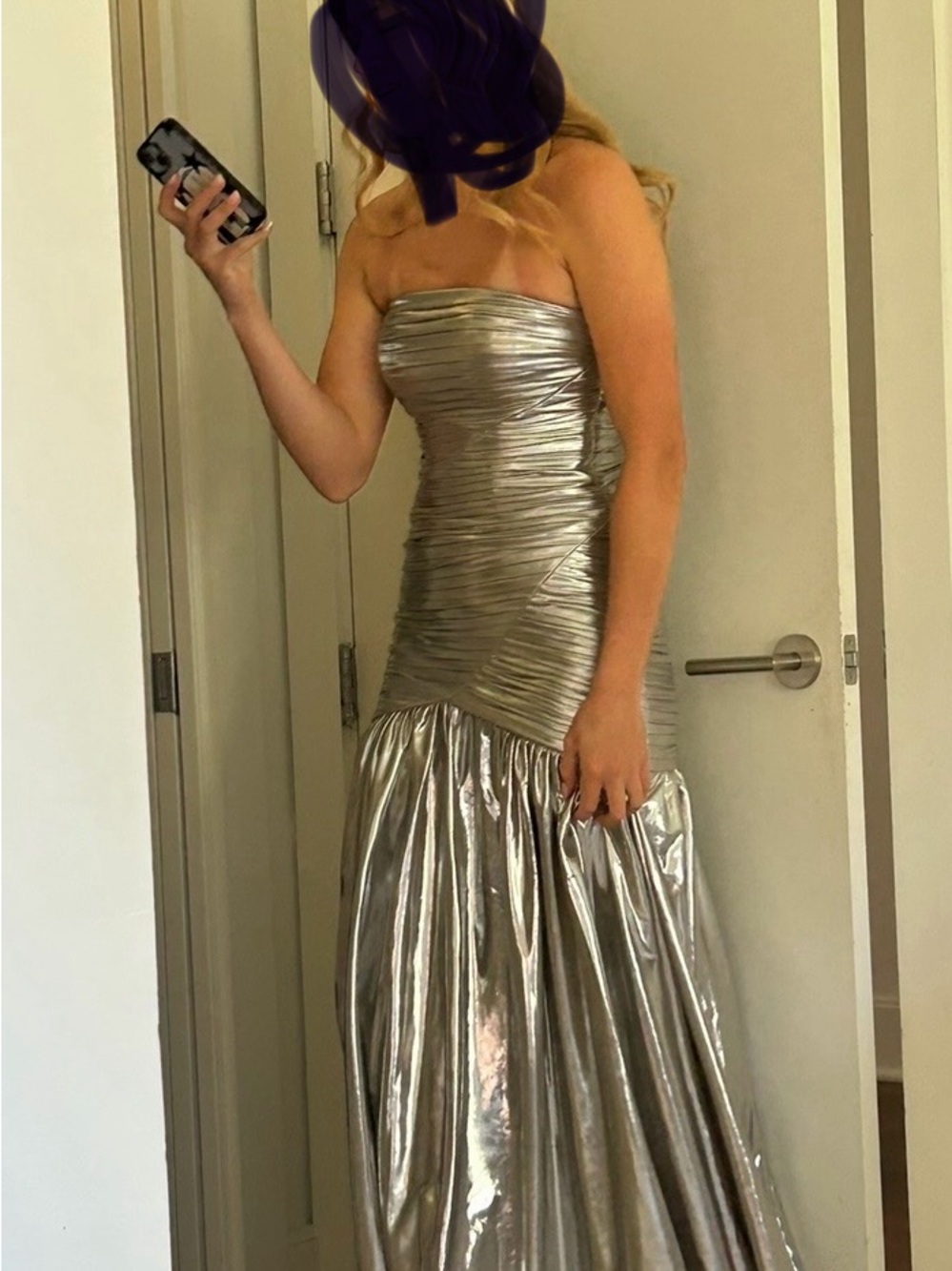 Strapless Metallic Silver Pleated Long Dress